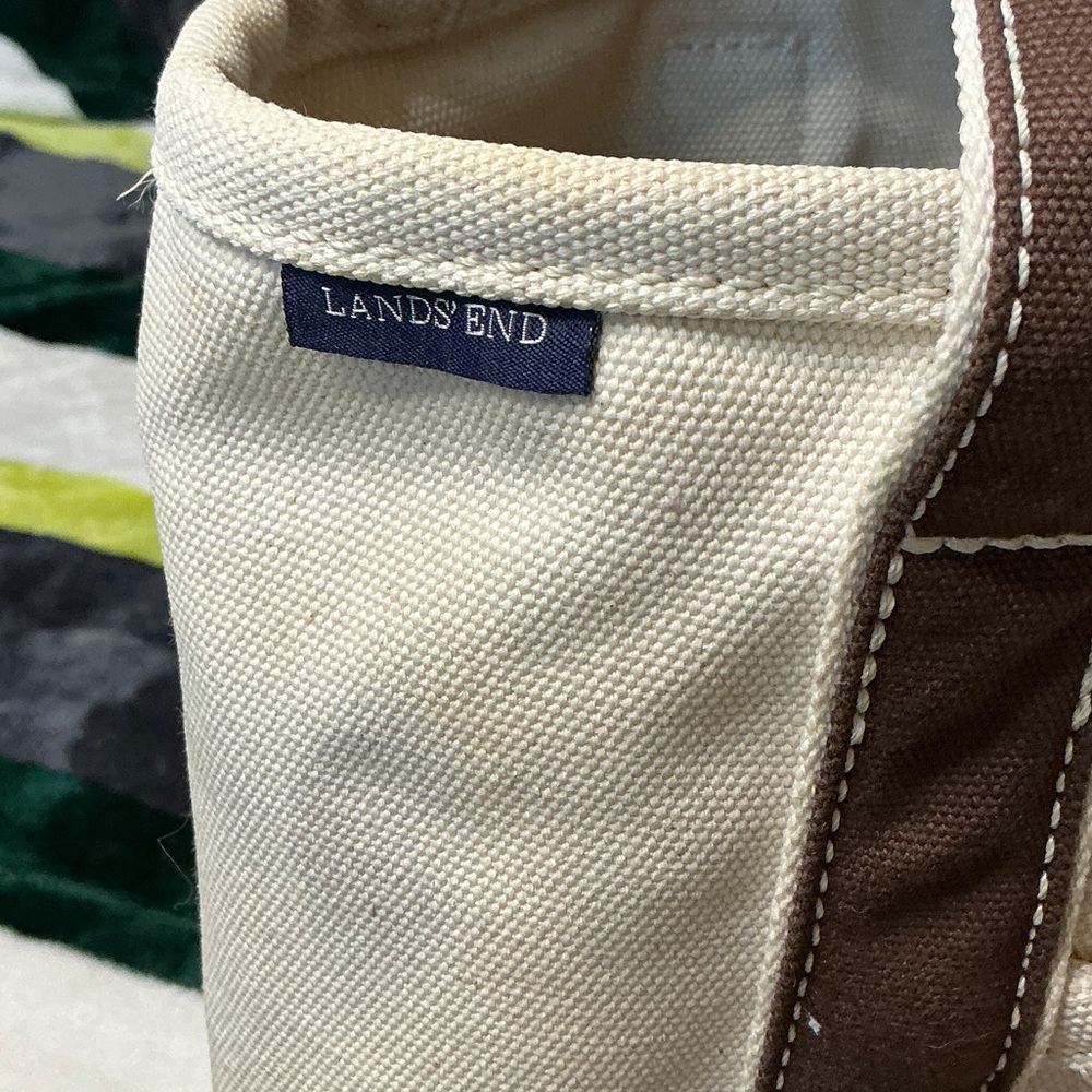 Lands' End Cream and Brown Canvas Duffel Tote - Picture 2 of 13